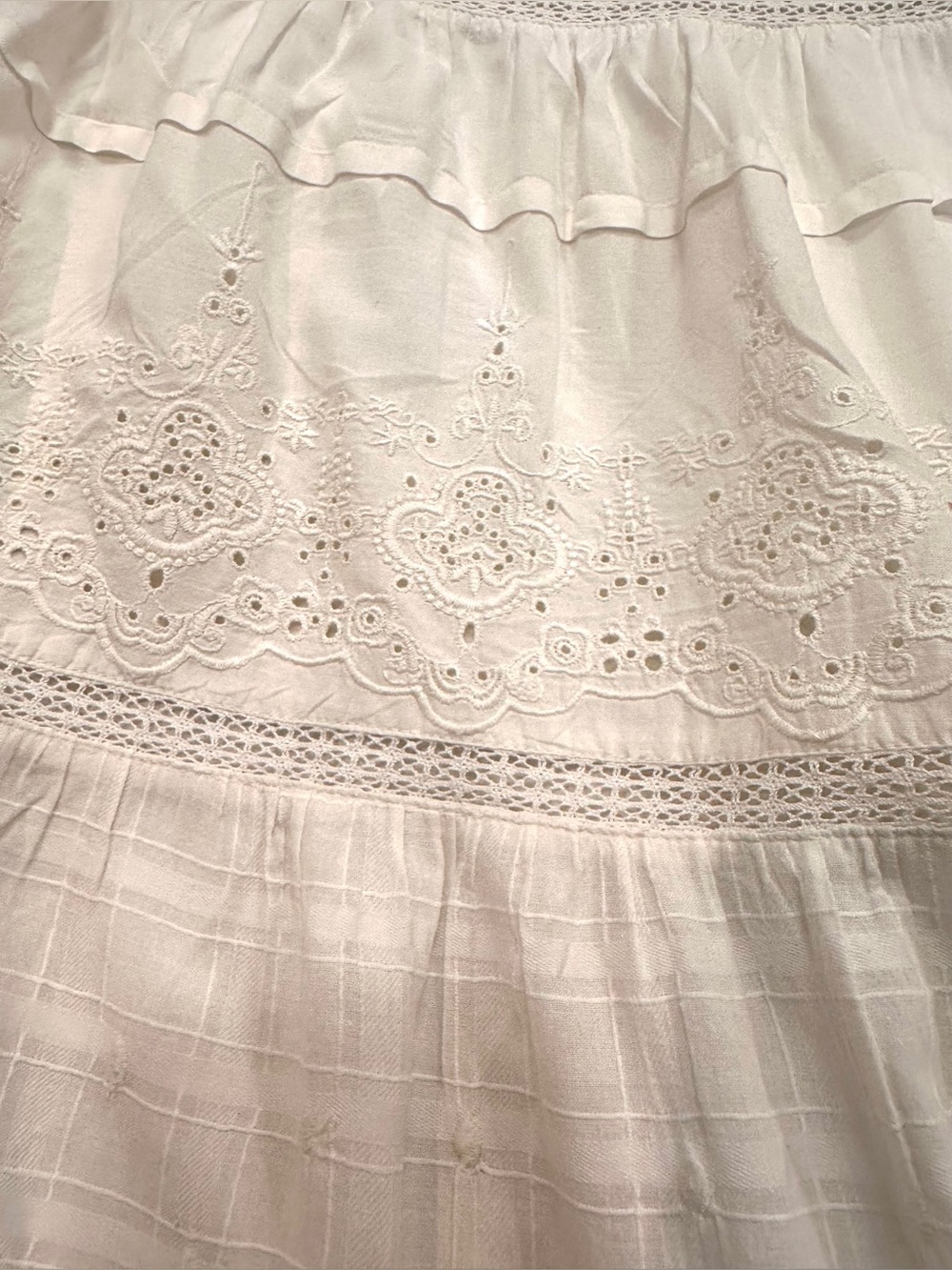 Ivory White Eyelet Lace Maxi Skirt Womens 10 Cottagecore Boho Tiered Long Cotton - Picture 3 of 12